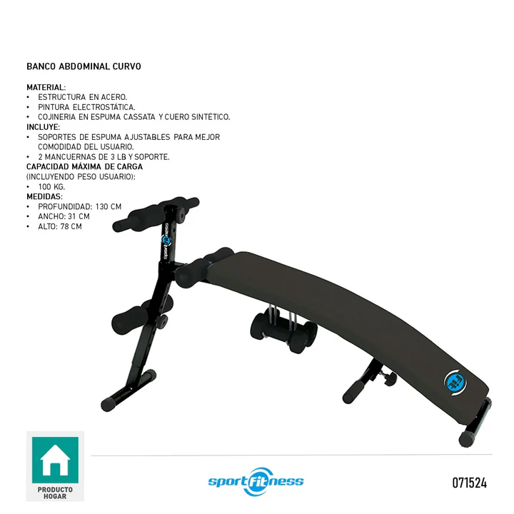 Banco abdominal con mancuernas 1kg curva