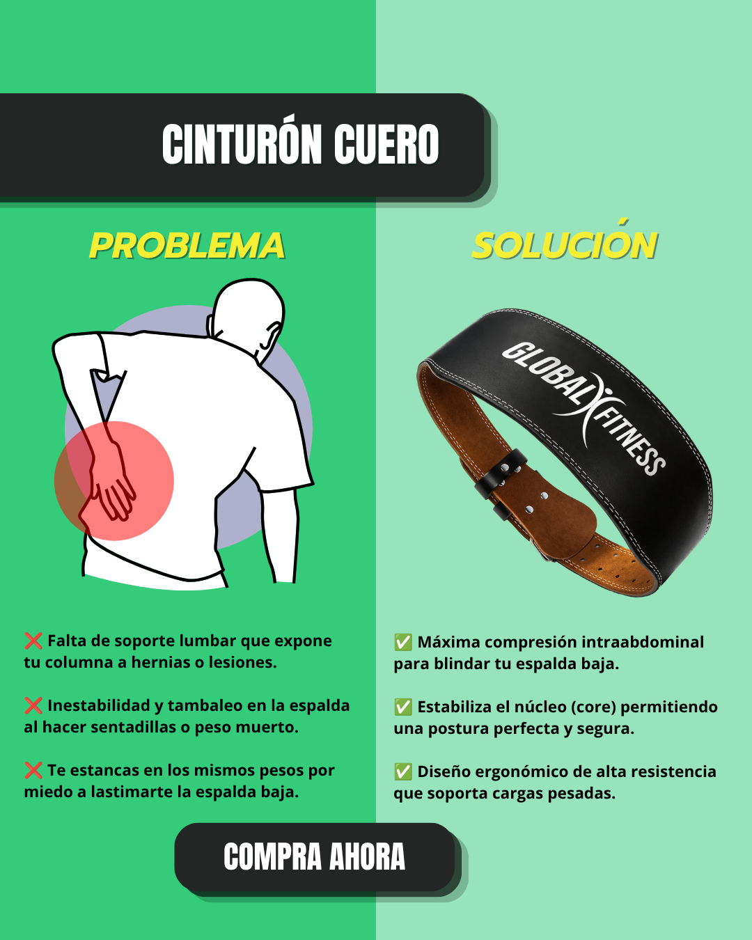 Cinturón de levantamiento de pesas en cuero ancho profesional Global Fitness